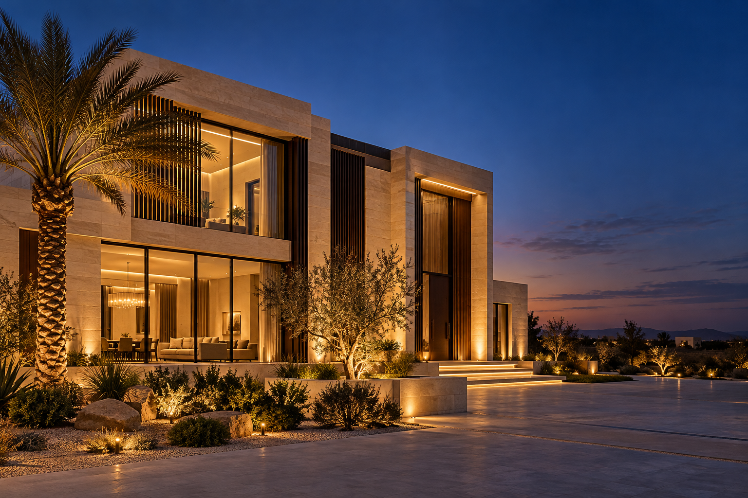 تصور معماري لفيلا سعودية حديثة بإضاءة مسائية